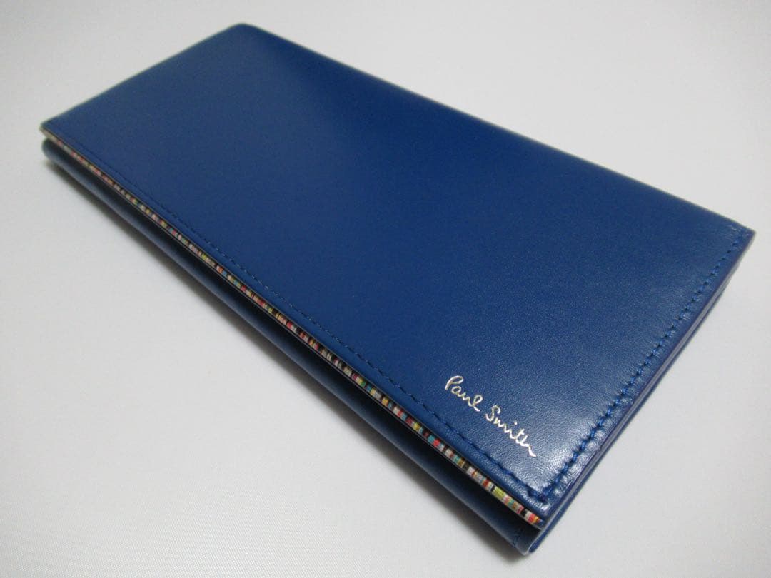 ポールスミス 新品！シグネチャーストライプ小銭入れ付き二つ折り羊革長財布 青