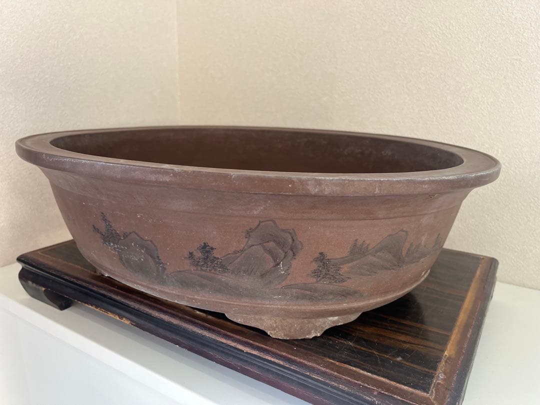 中国盆器 中国宜興 周寶山「周寶山絵紫泥墨絵山水図外縁下帯段足楕円鉢」泥味最高