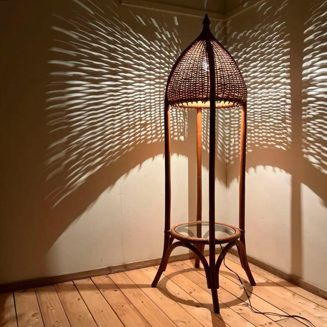古家具 ビンテージ品◾️籐ラタンフレーム 間接照明 ガラス天板付き ライト ランプ