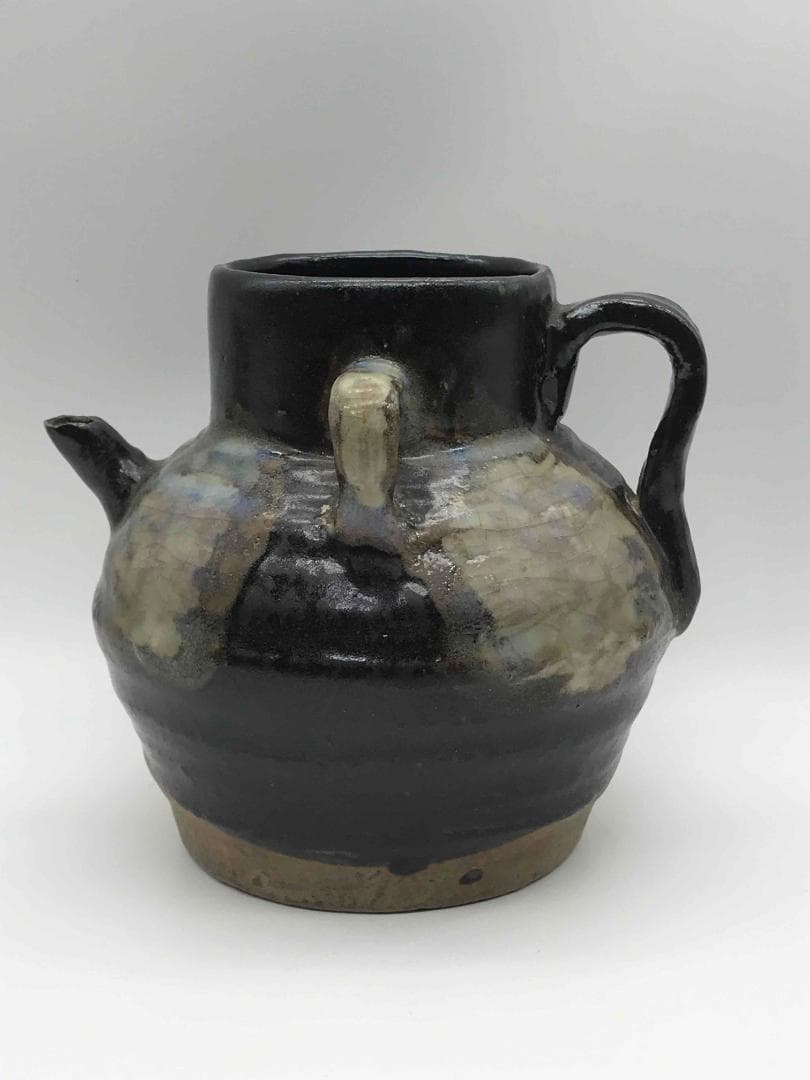 唐時代　黒釉鉄斑壺　双係瓶　水注　水差し　水指　海鼠釉　時代物(A-50)