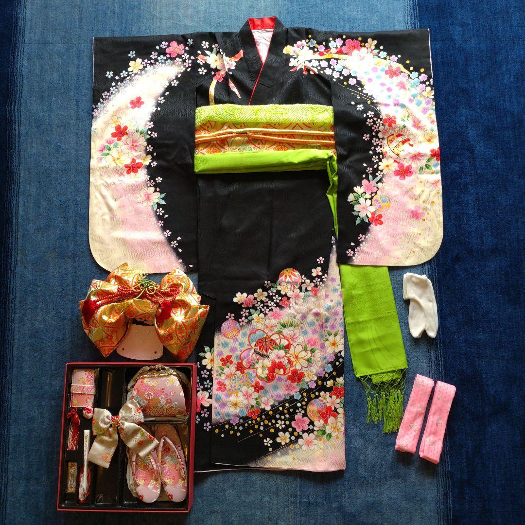 七五三 7歳 女の子 着物 フルセット 正絹 帯はこせこセット 黒地 八重桜 鞠