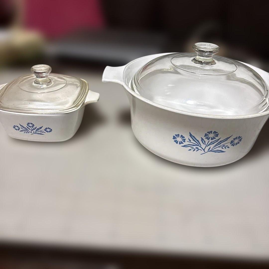 蔵出しコーニングウェア（CorningWare）のブルーの花柄鍋セット 青い花柄