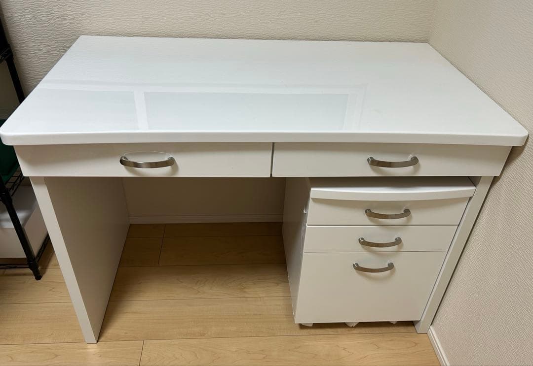 ホワイトデスク 引き出し付き3段キャビネット付き