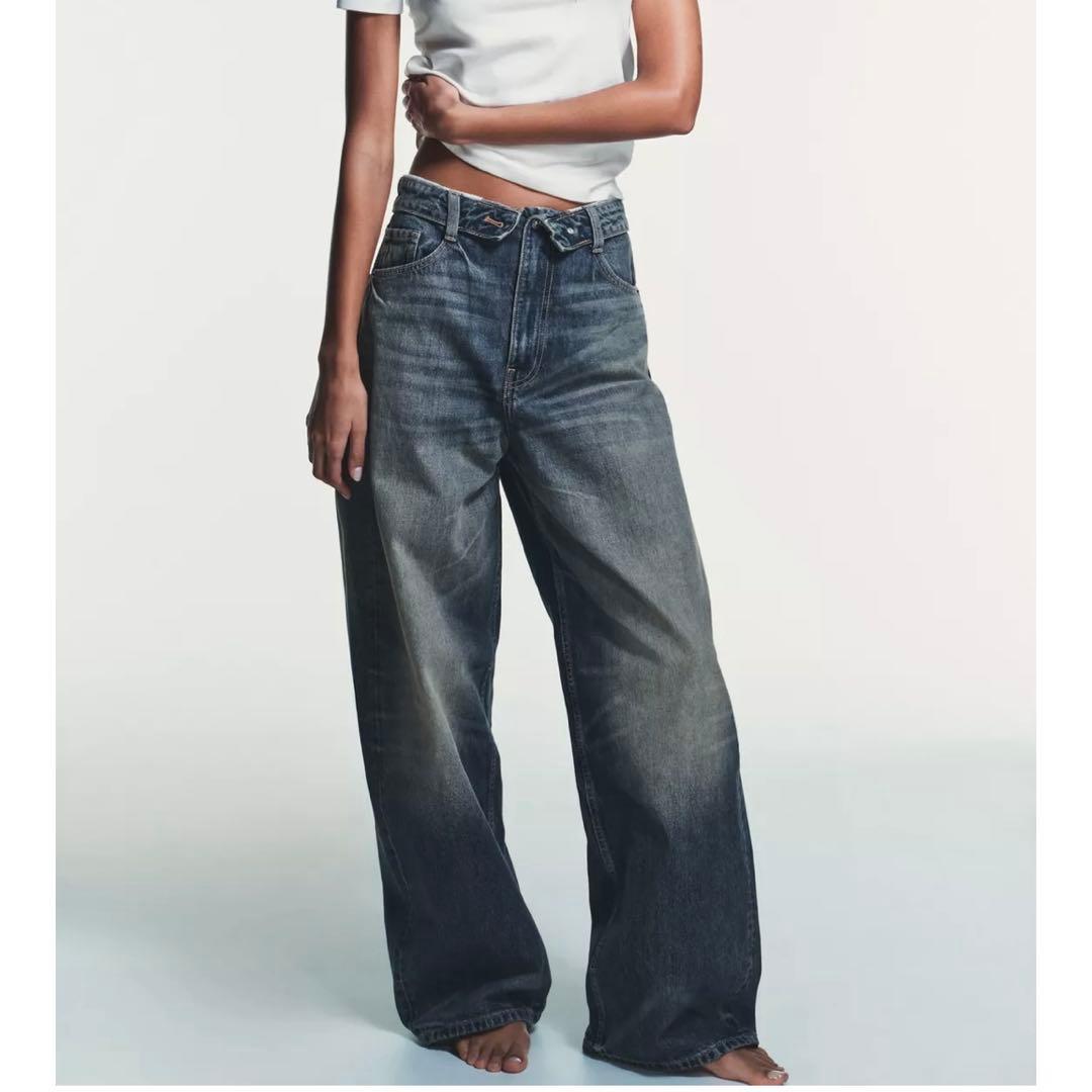 ZARA TRFミッドライズ折り返しウエストデニムパンツ EU36 9号