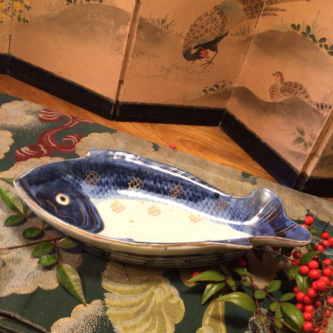 A 378 古伊万里　元禄　染付　金彩　鯛皿　変形魚型皿　1客