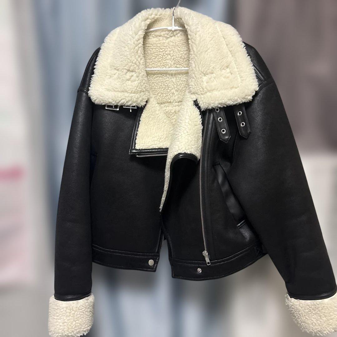 GYDA ブラックレザー ボア襟 ライダースジャケット