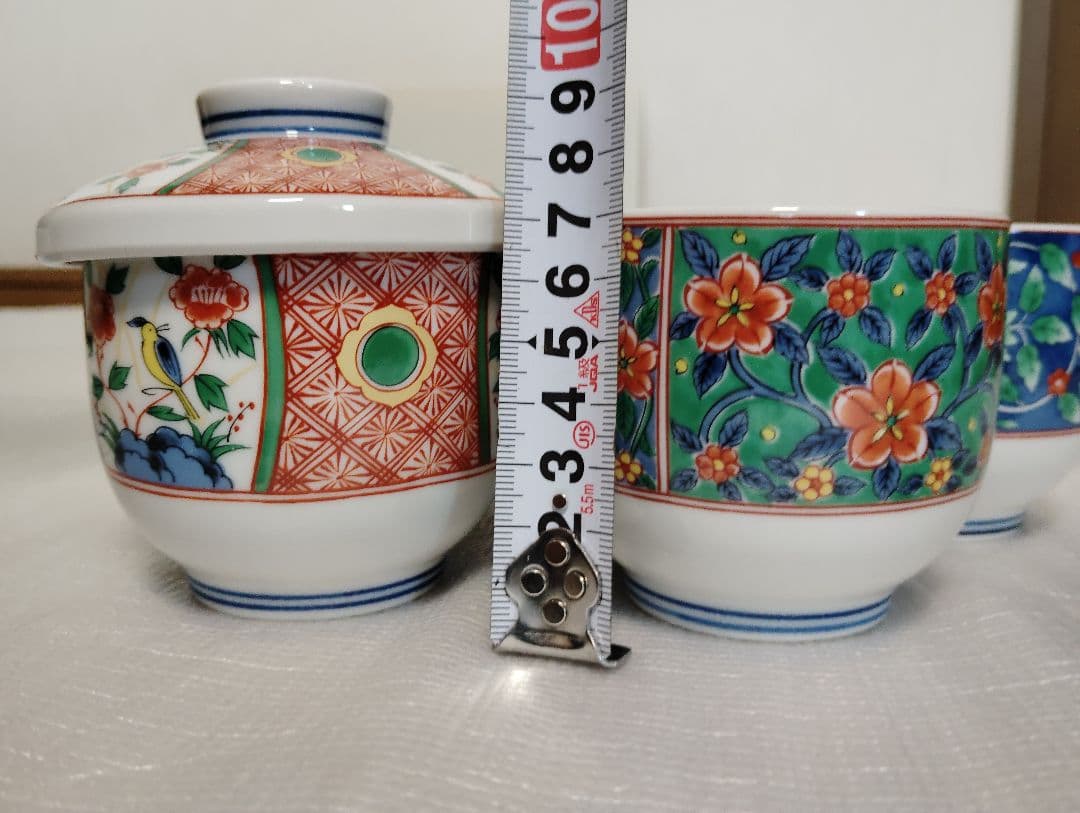 未使用　有田焼　南山窯　絵変わり　蓋付き碗揃　蒸し碗　　5客　茶碗蒸し　色絵