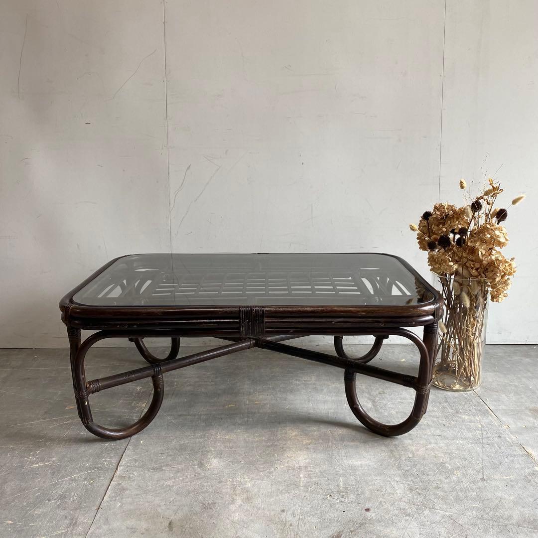 ヴィンテージ ラタン ガラス テーブル 籐 モダン 昭和レトロ z423