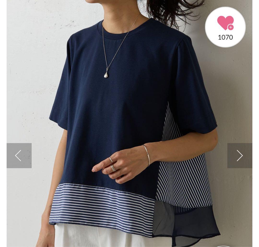 【ビアズリー】☆美品☆現行ストライプコンビカットソー 半袖　ネイビーFREE