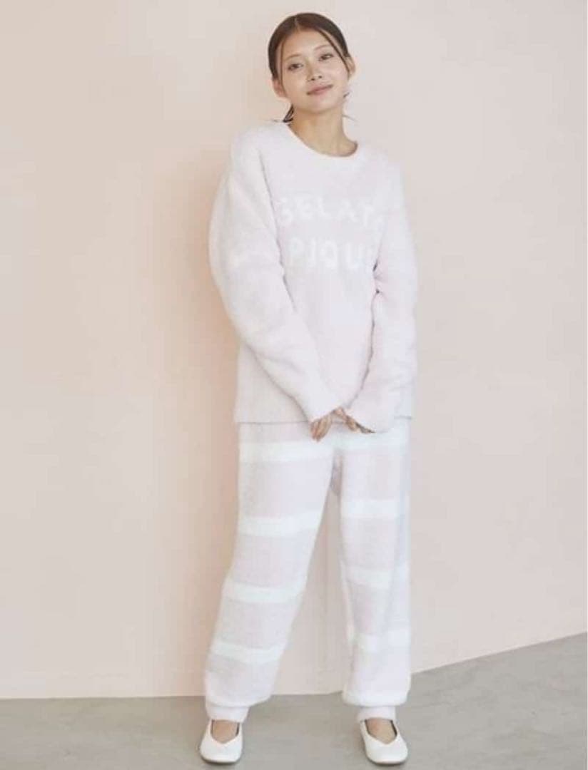 ジェラートピケ、パウダーロゴジャガードプルオーバー&ロングパンツセット、ピンク