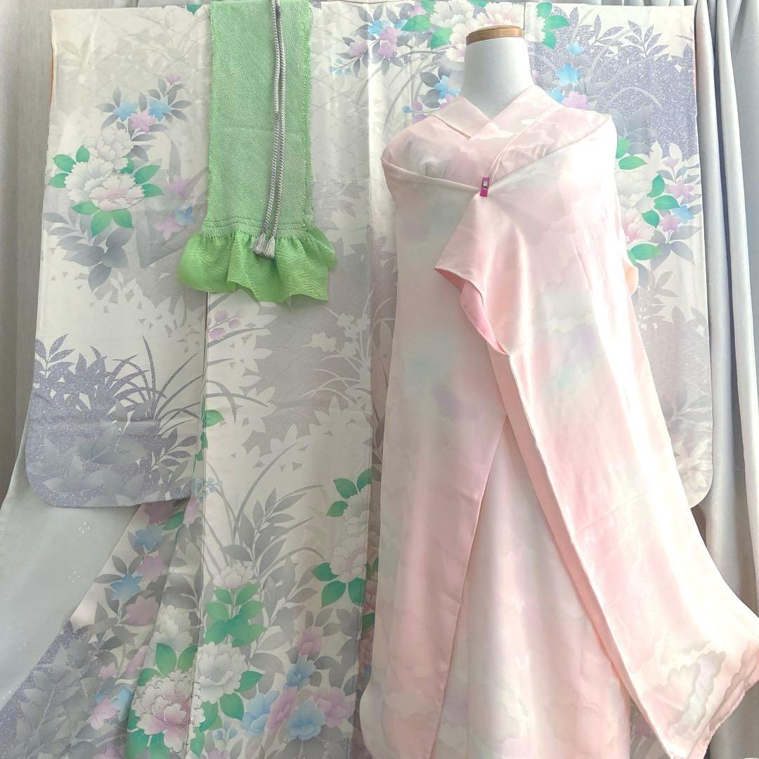 ＊振袖セット＊ 銀駒刺繍　牡丹花文　　　 　リメイク・練習用