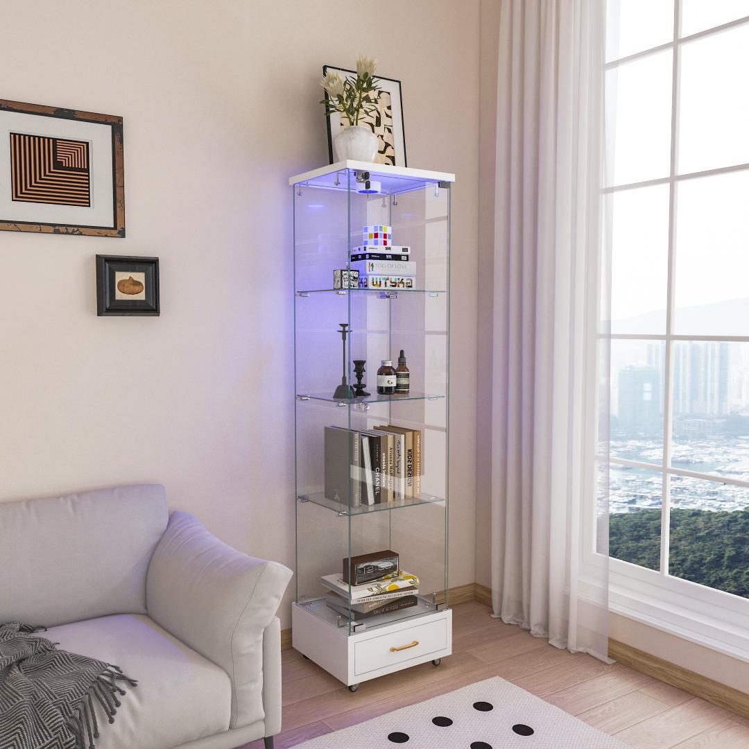 LED照明＆引き出し付 ガラスディスプレイキャビネット 鍵付き強化ガラス収納