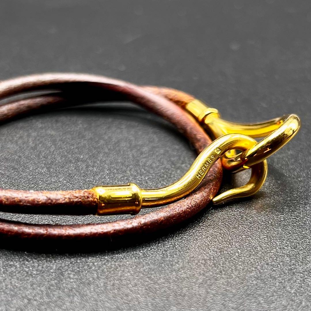 エルメス ジャンボブレスレット チョーカー レザー ゴールド金具 茶色 2WAY