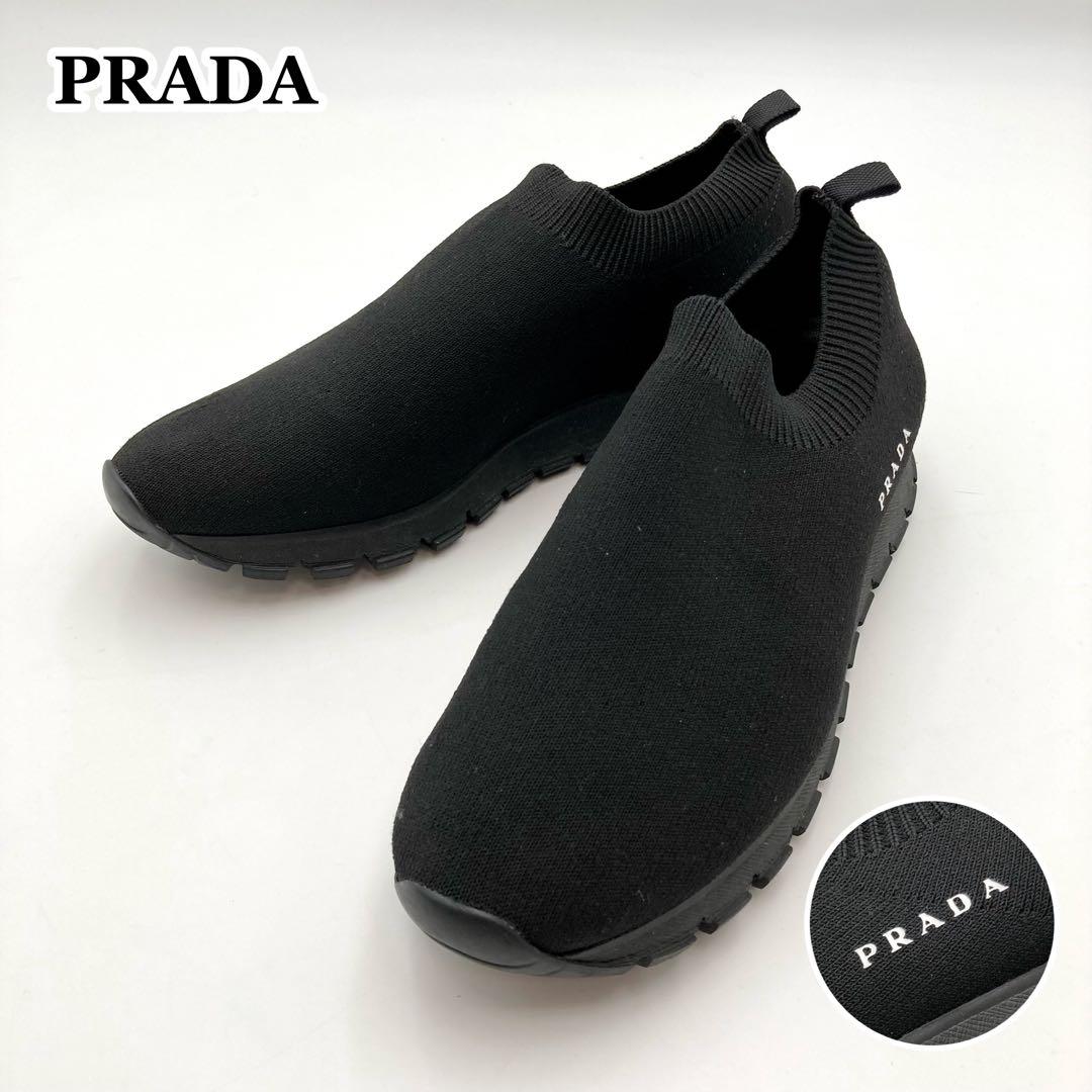PHS✨PRADA ソックススニーカー スリッポン 黒 サイドロゴ35.5
