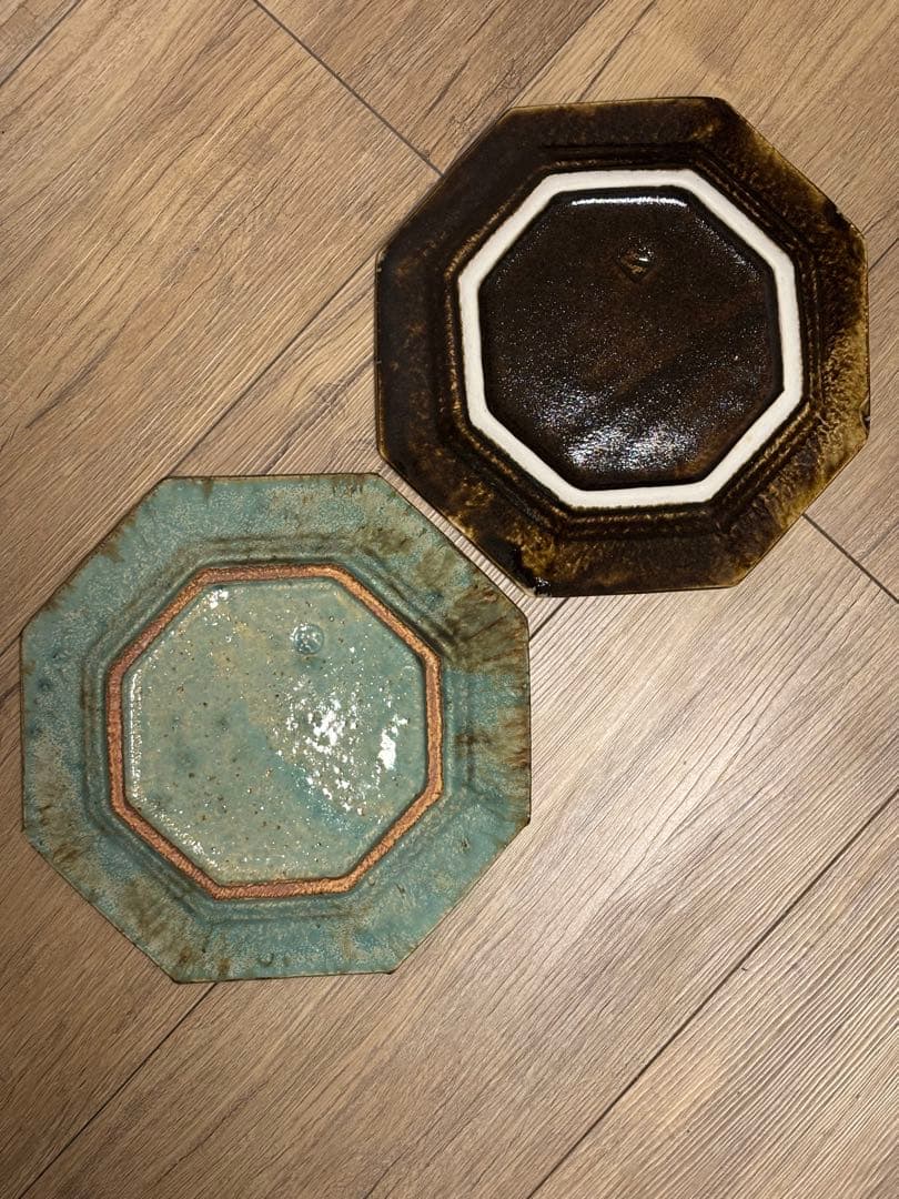大沼道行 八角皿 Lサイズ 緑釉 黒釉 織部　　陶芸 ワンプレート 作家さん