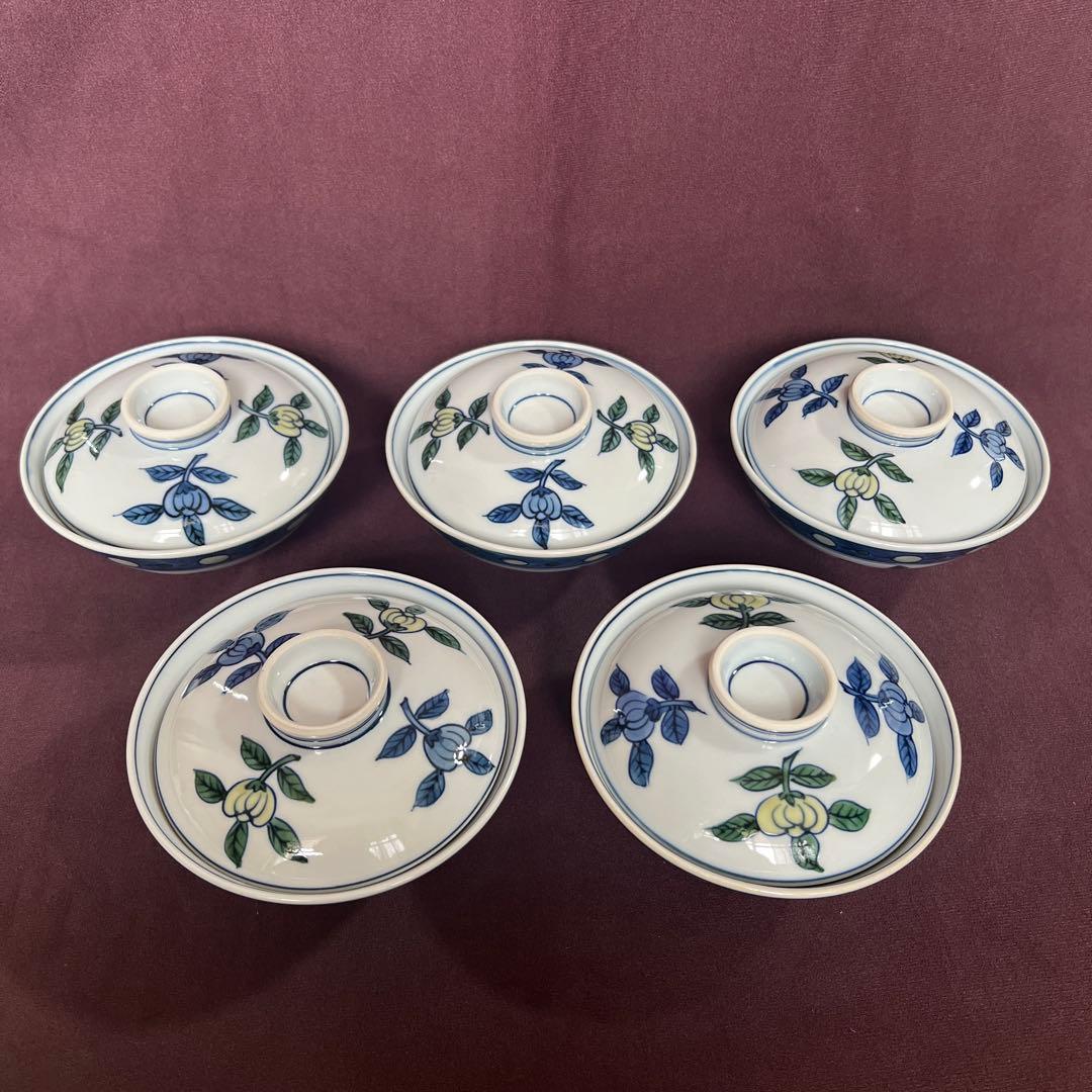 源右衛門　染錦　橘絵　蓋付き飯碗　5客