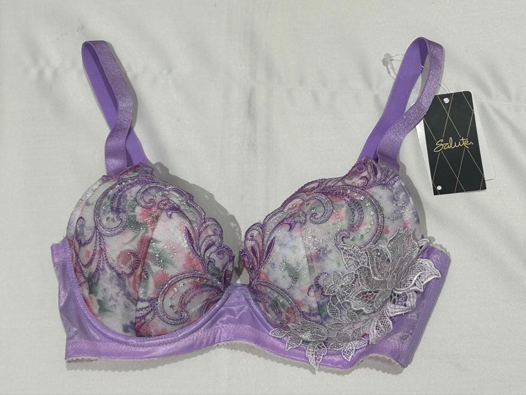 【D65】Salute パープル 花柄ブラジャーショーツセット