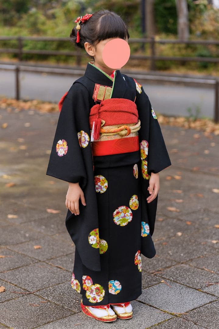 七五三　着物セット　正絹　ちりめん　7歳　ハーフ成人式　十三詣り　黒色　美品