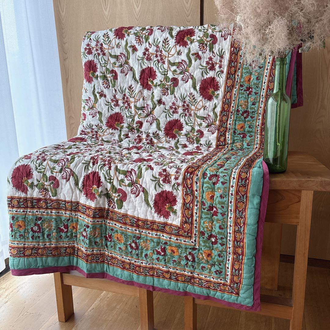 未使用※インド ブロックプリント 中綿入りベビーキルト ロイヤルグリーン ラグ