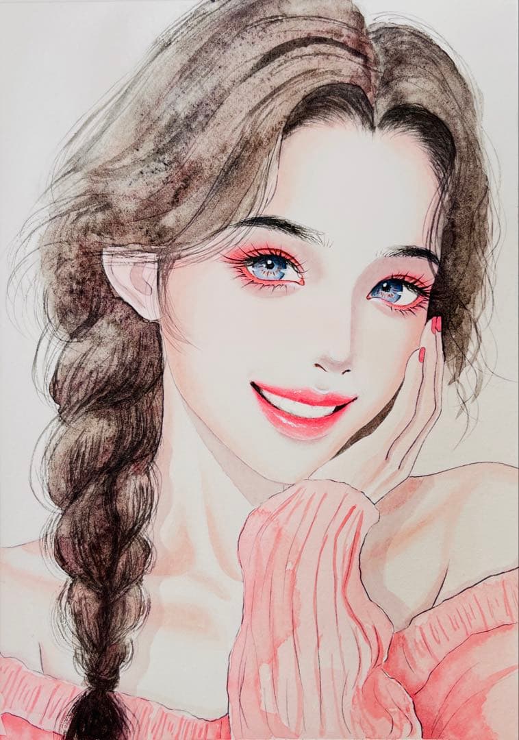 手描きイラスト　水彩原画　笑顔の女の子313