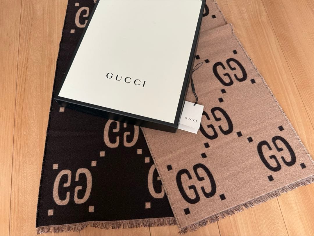 GUCCI GGジャカード ウールシルク スカーフ ベージュ