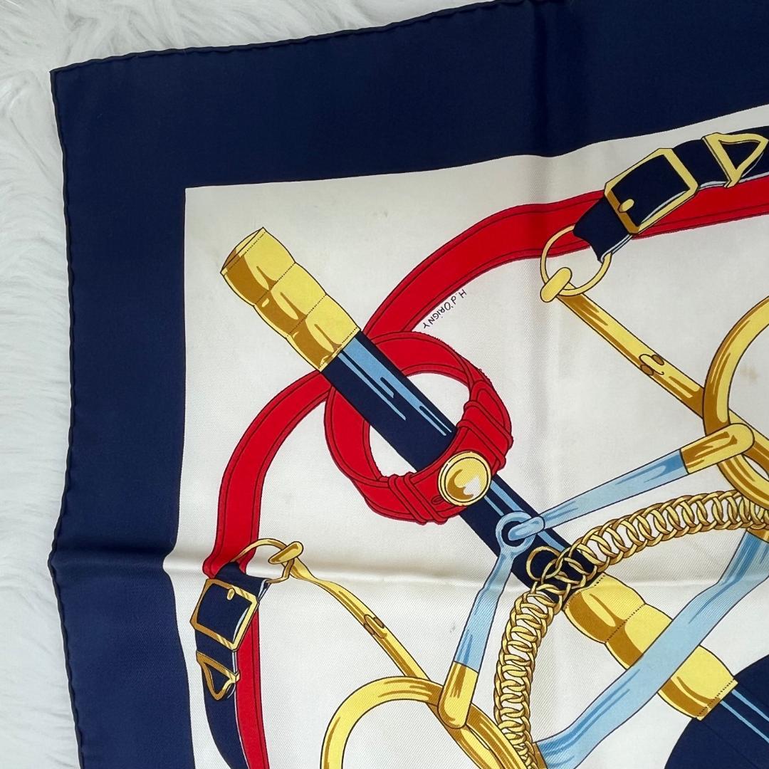 エルメス カレ90 大判スカーフ　シルク100％ ネイビー　タグあり