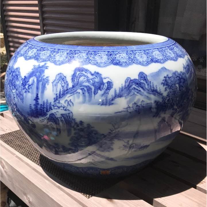 昭和時代初期 有田 山本窯製 染付桜閣山水文大火鉢 骨董品