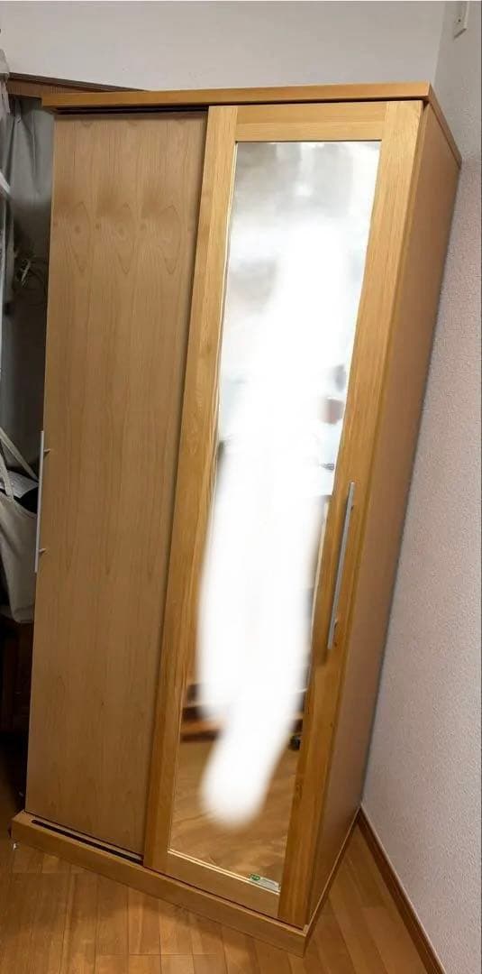 【掲載2/11迄】国産天然木ワードローブ 全身鏡付き 幅85cm 送料込