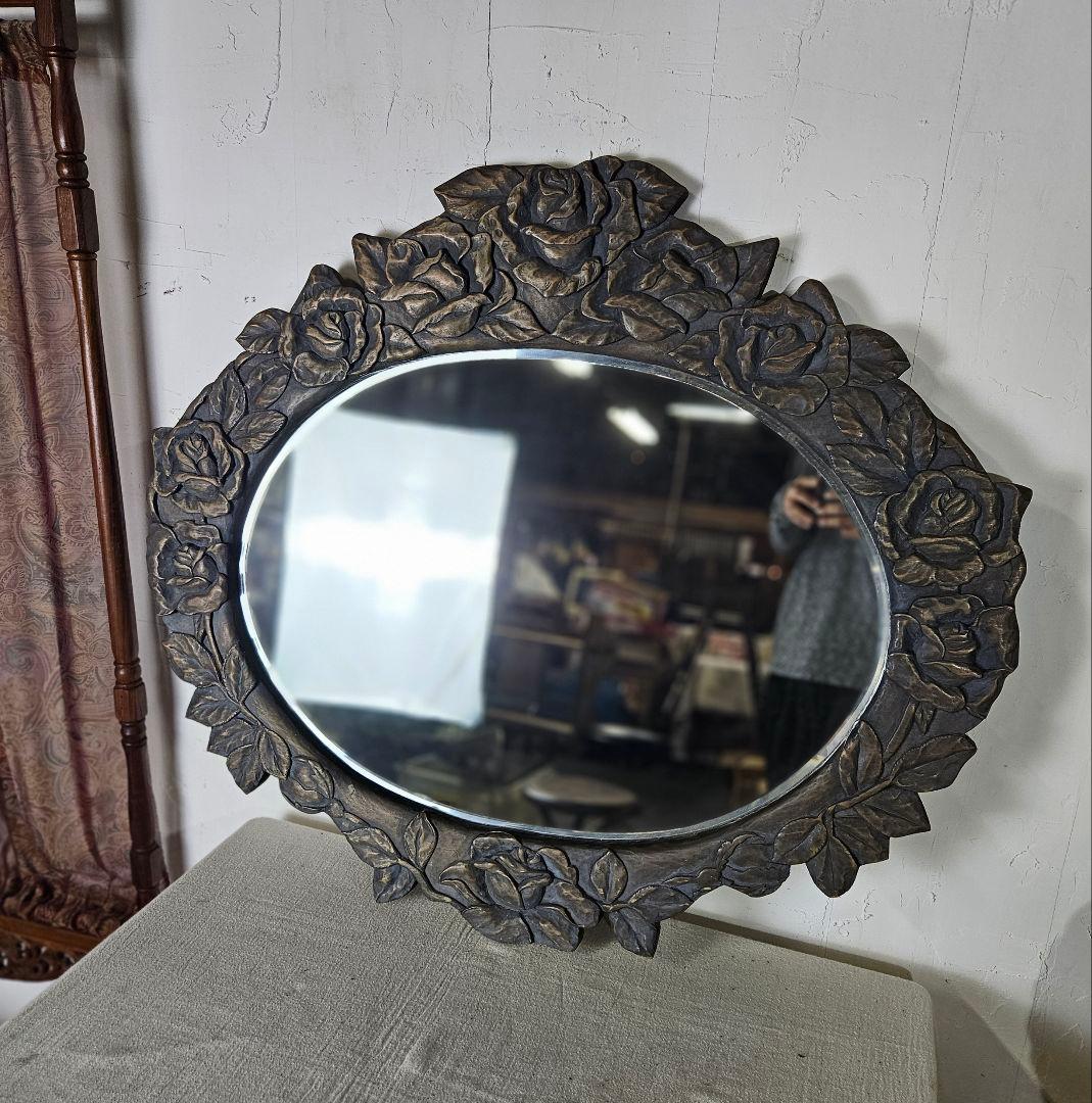 アンティーク 木彫り 薔薇のウォールミラー 壁掛け鏡 大型 花柄 オーバル型
