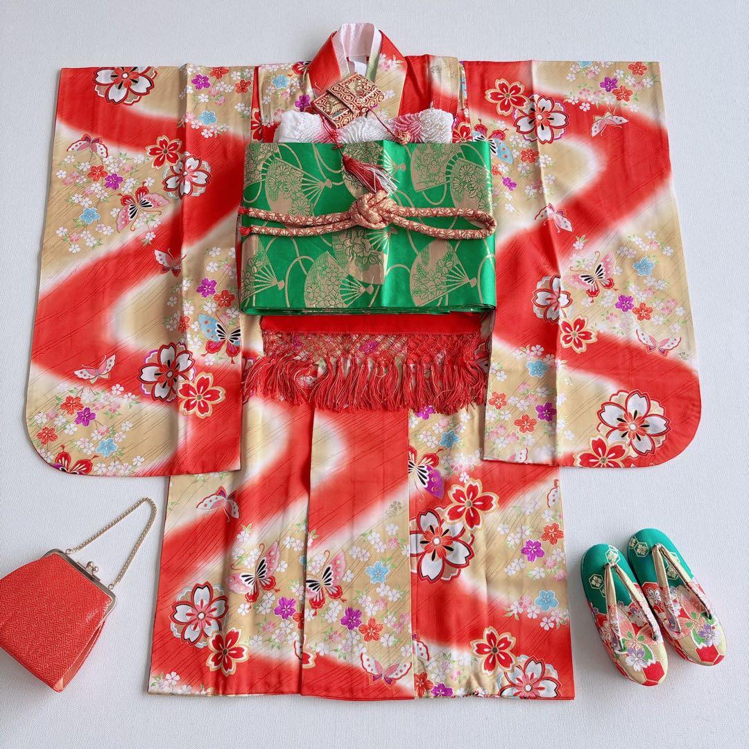 フルセット　七五三　７歳女の子　赤　桜蝶　未使用袋帯　緑地　簡単半衿　7093
