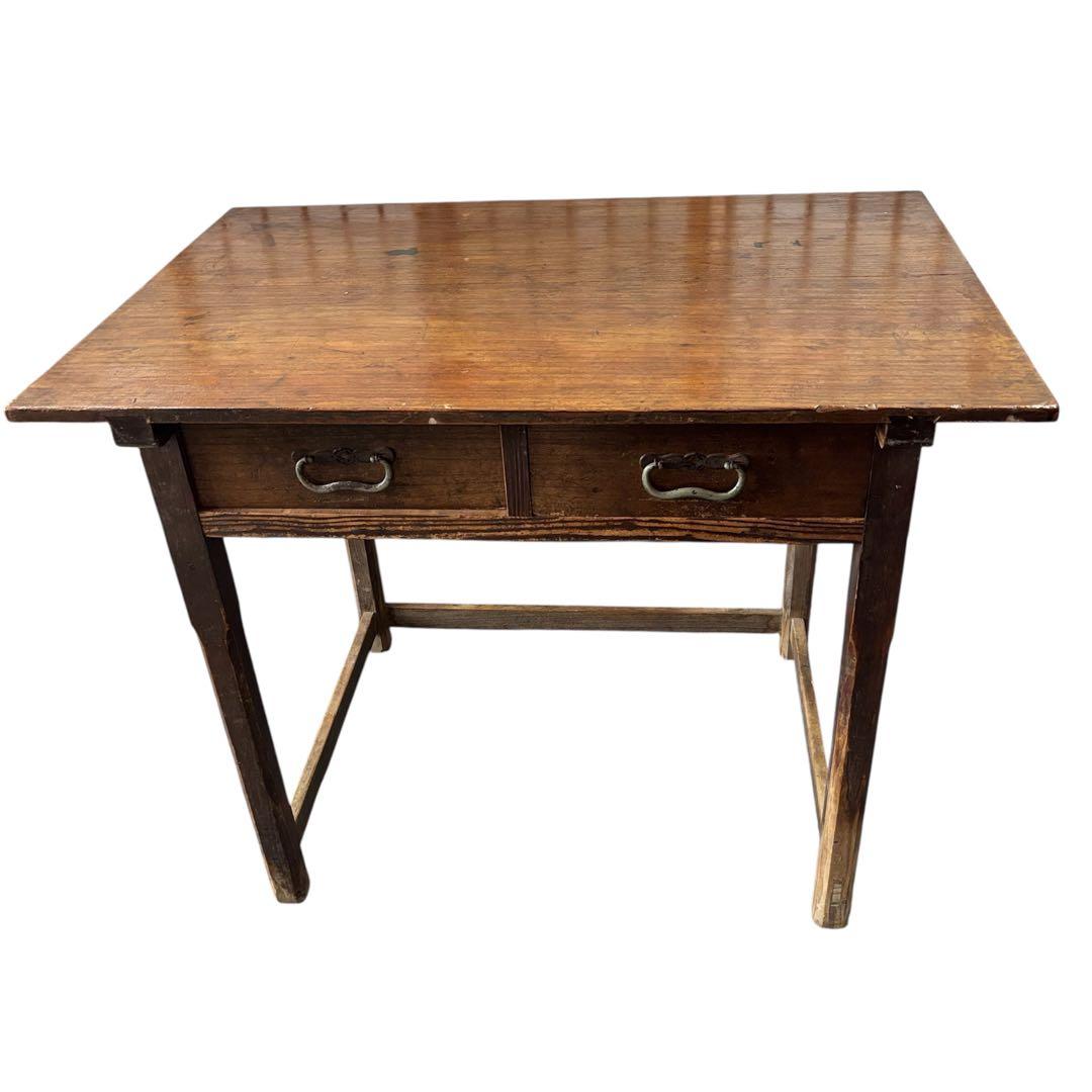 木製作業机 引き出し2つ付き アンティーク テーブル デスク 昭和レトロ