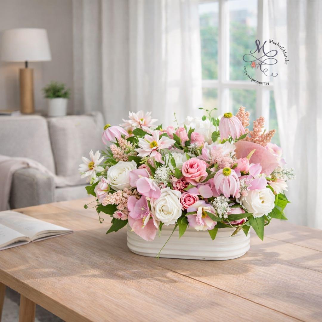 横長46cm｜バラとスイトピーとエキナセアの大型フラワーアレンジメント｜光触媒