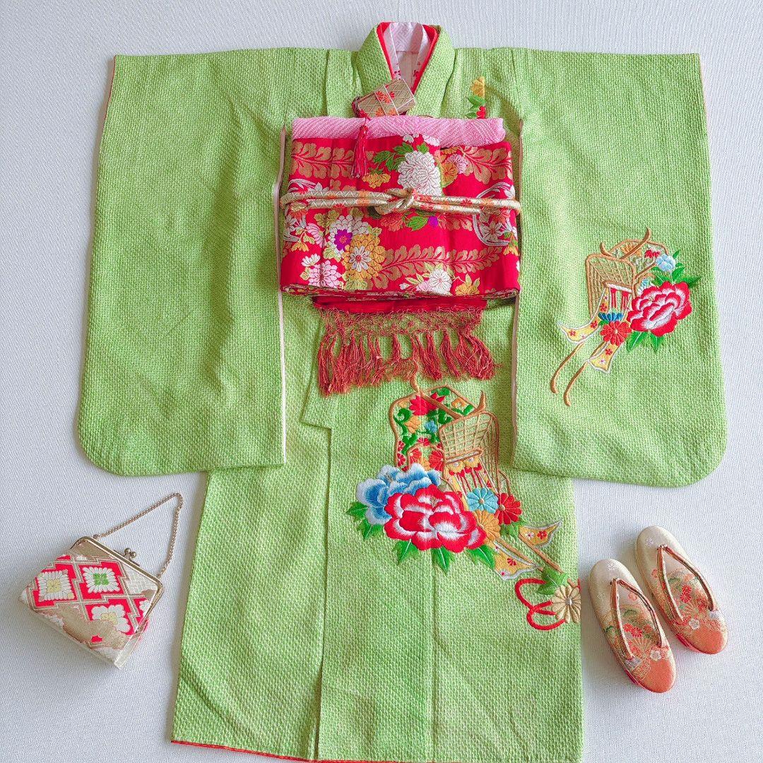 フルセット　七五三７歳女の子　総絞り　黄緑　豪華刺繍　赤丸帯　菊　小物7062