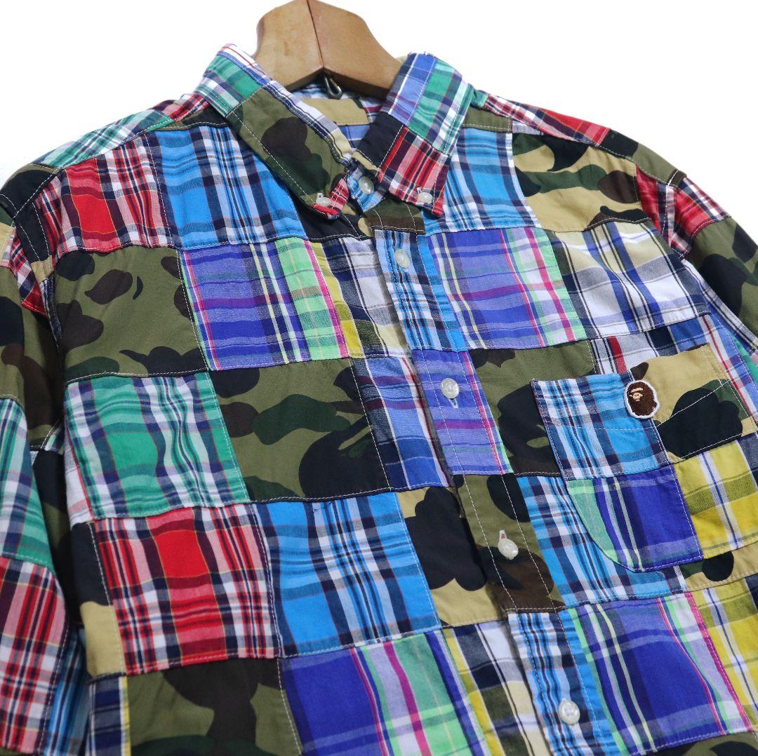 A BATHING APE チェック 迷彩 パッチワーク 長袖シャツ XLサイズ