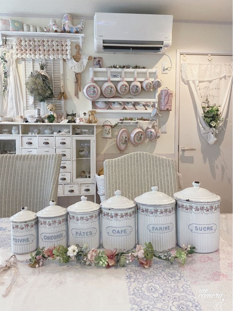 フランスアンティーク☆BF社ホーローキャニスター6P ホワイトローズバンド