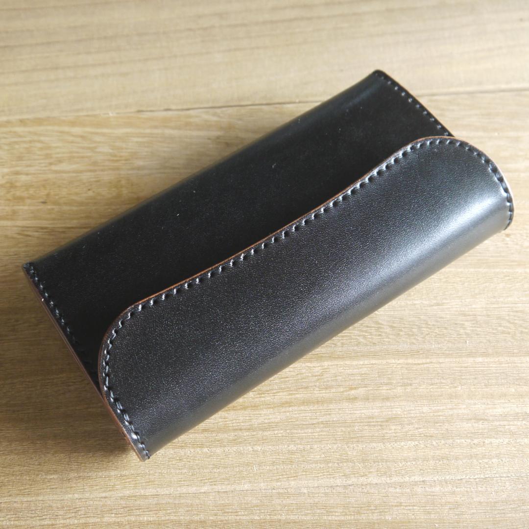 ヌメ革　栃木レザー　サドルレザー　赤タグ付き　ロングウォレット　三つ折り　黒