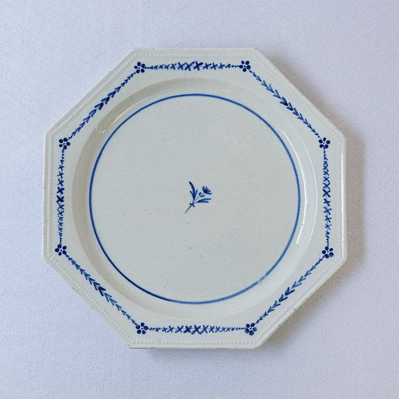 フランスアンティーク　オクトゴナル　プレート　青小花　20.2cm