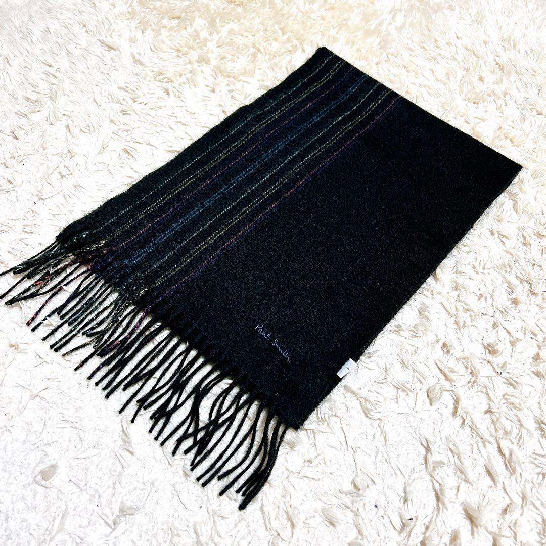 極美品✨ポールスミス　カシミヤ100%マフラーマルチストライプ　刺繍ロゴ　黒