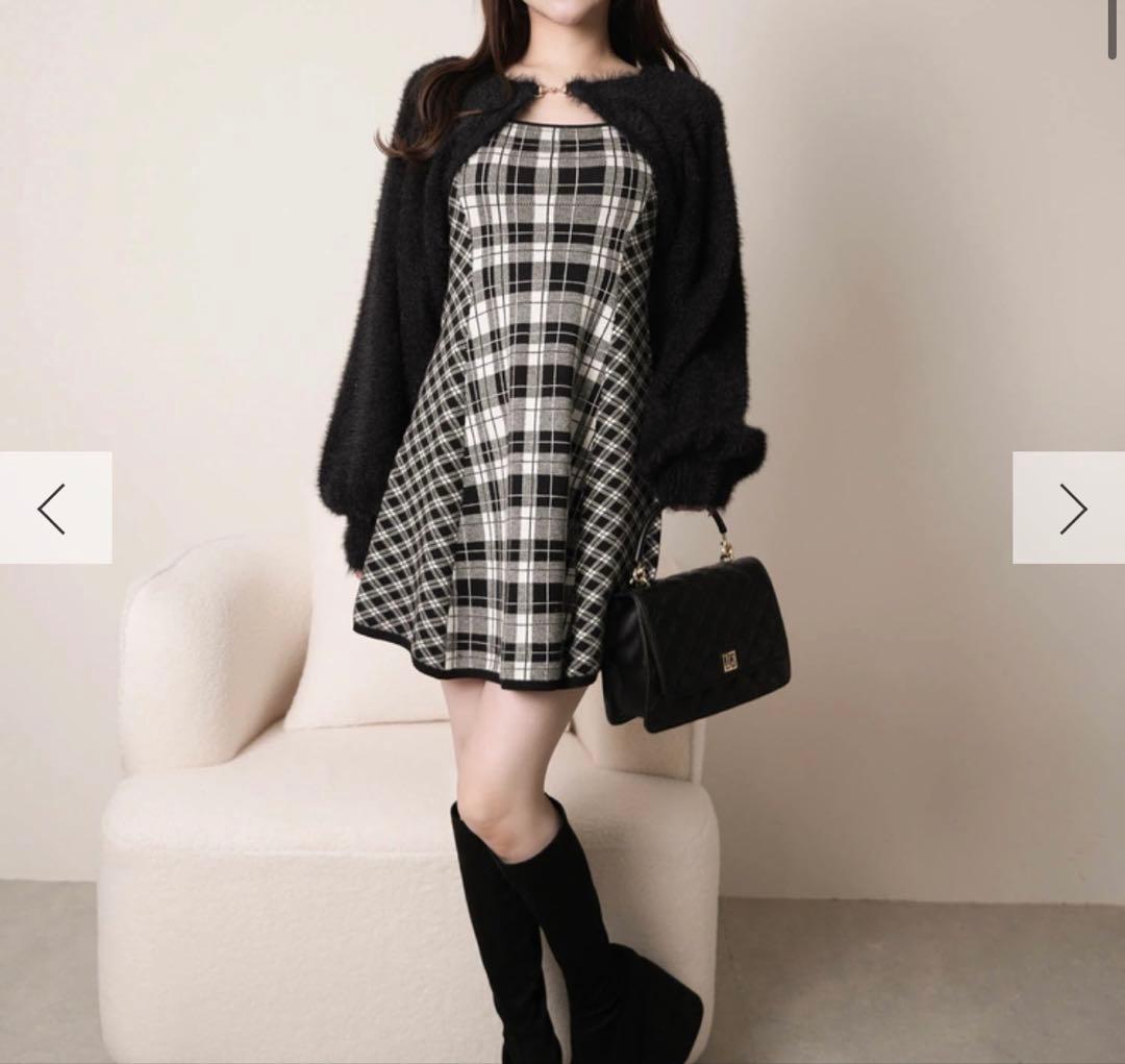 LIP SERVICE フェザーチェックアンサンブルワンピース黒フレア