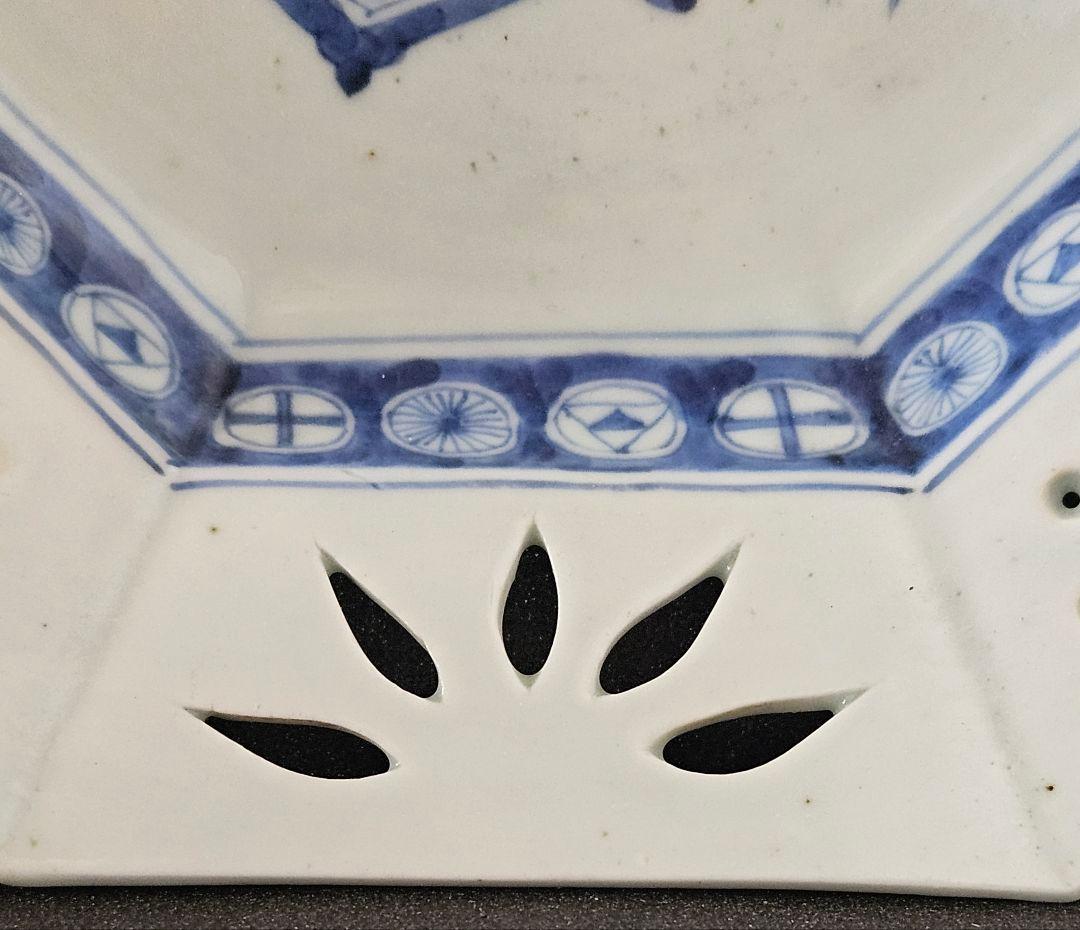 名品❗】 江戸後期　古伊万里 染付 透造　笹に六曜紋　松竹梅　25.3cm八角鉢