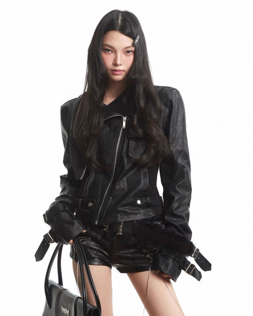 UNCMHISEX 秋 パンク ハイストリート ショート丈 ライダースジャケット