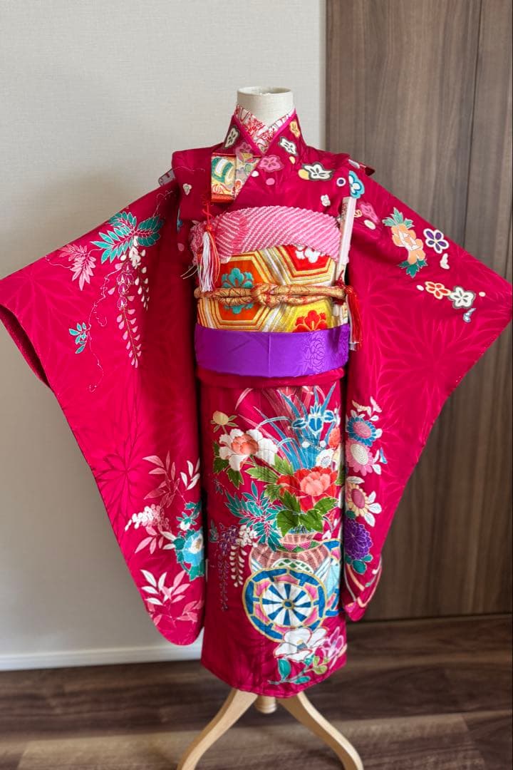七五三に★アンティーク　正絹　ワイン色に四季の花々と花籠、花車　七歳着物セット