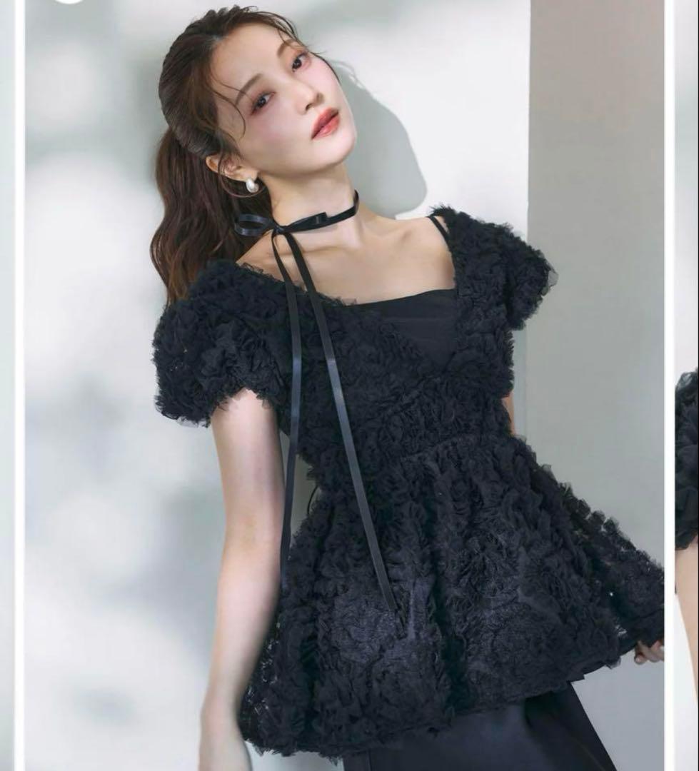 試着のみpolauraフラワーぺプラムバックリボンチュニック Black