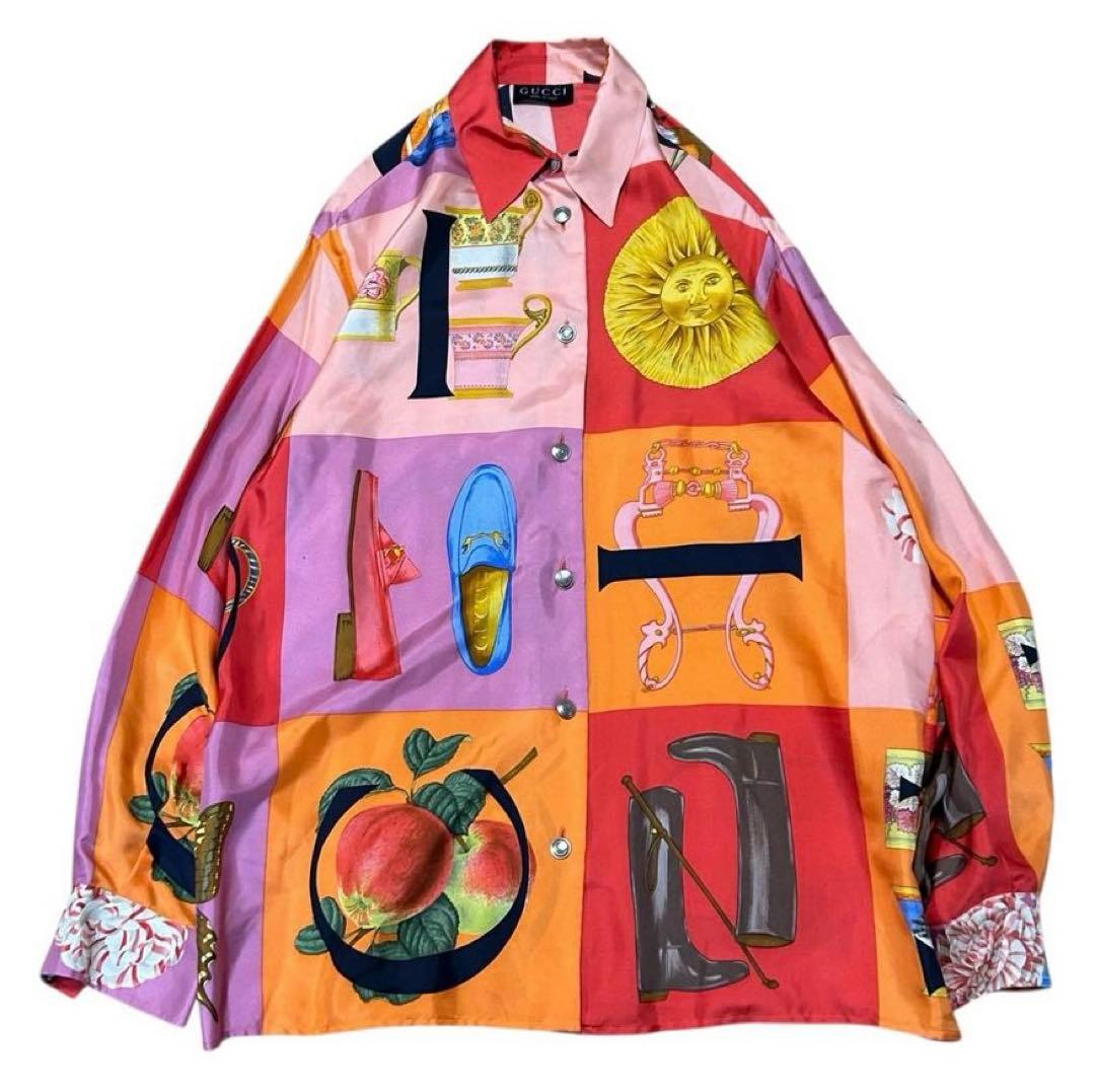 GUCCI　長袖シャツ ブラウス シモ GGロゴ 銀ボタン 大きいサイズ シルク