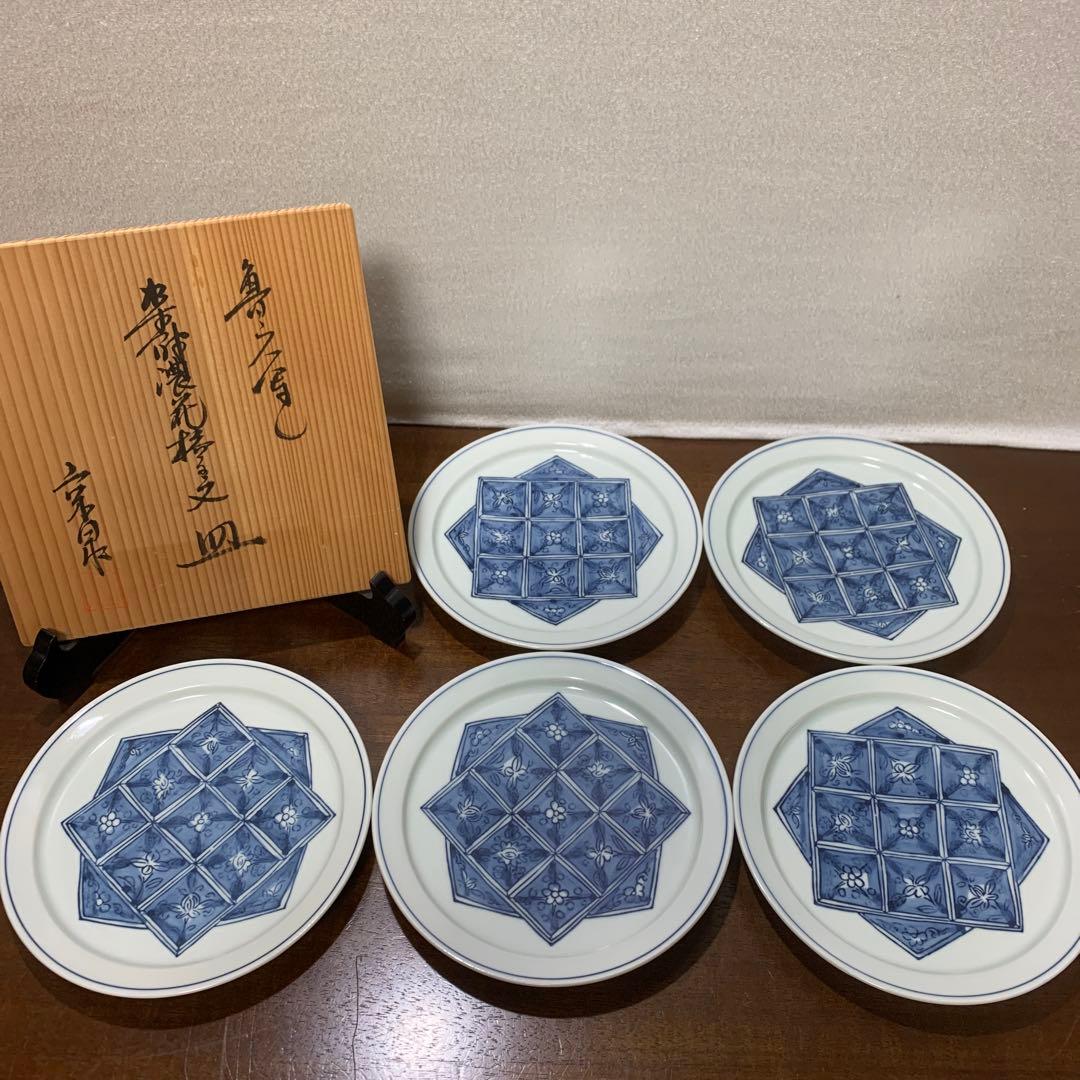 馬場京泉　魯山人写し　染付濃花椿文皿　5枚 北大路魯山人