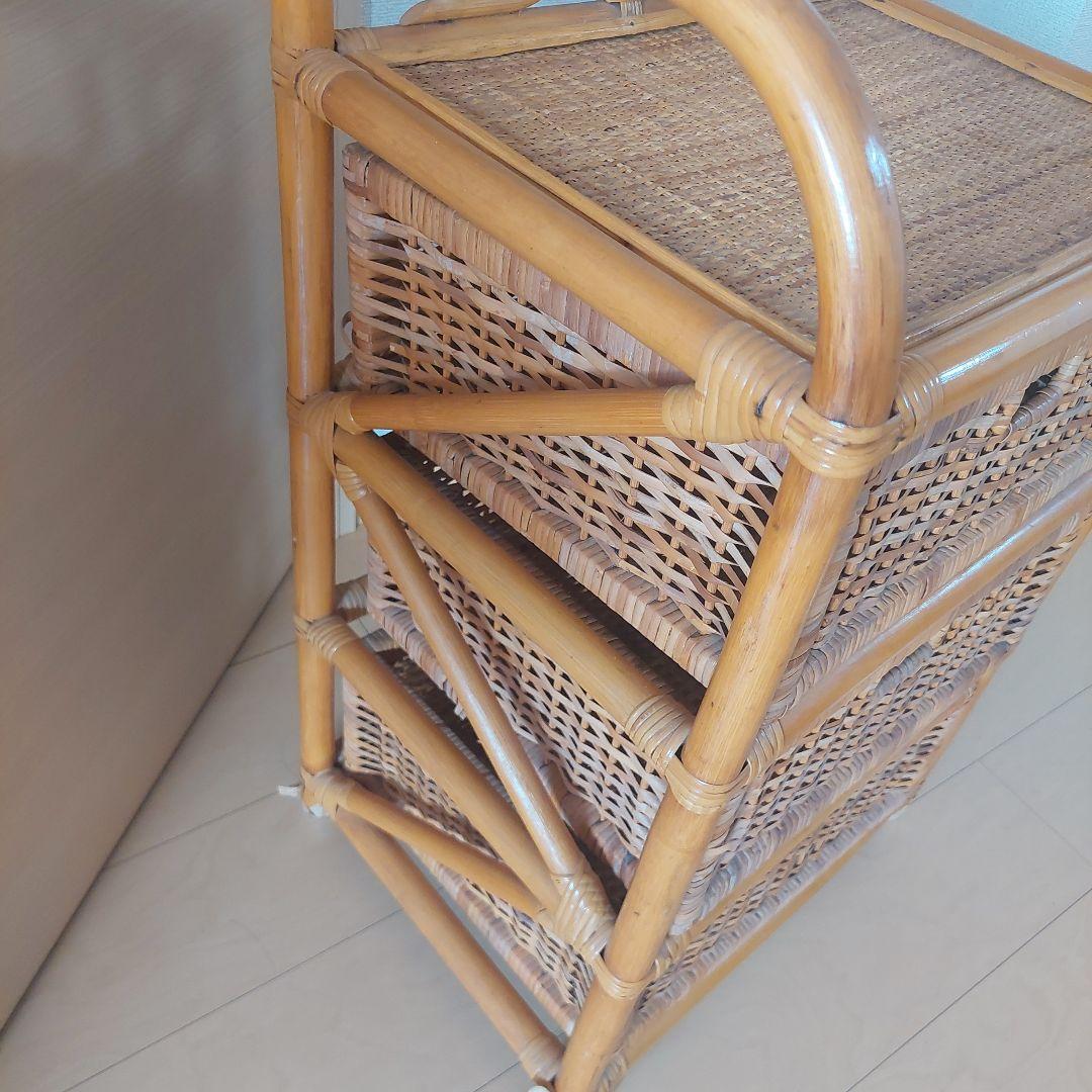 ラタン 3段引き出し ランドリーラック　木製　籐箪笥　昭和レトロ　ビンテージ