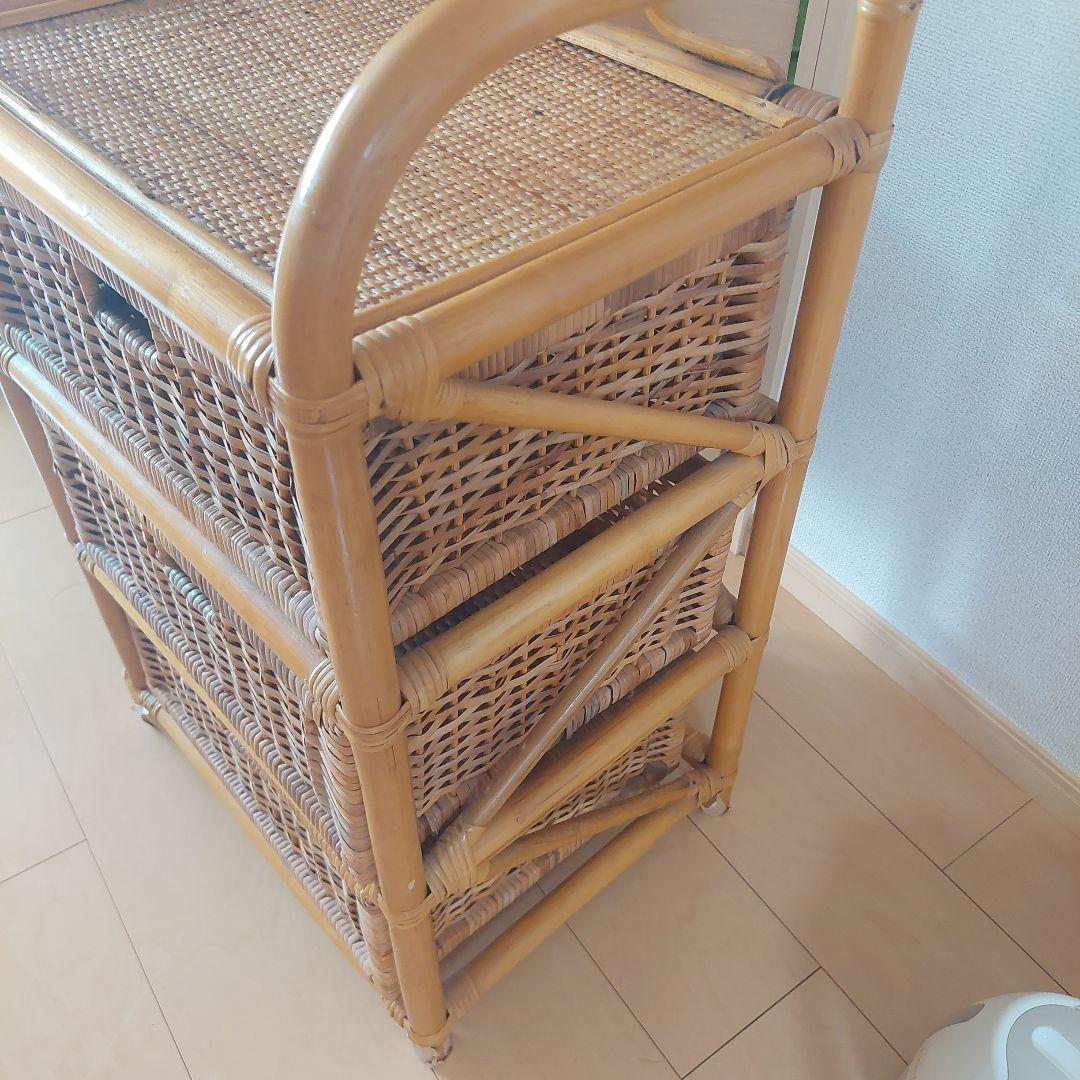 ラタン 3段引き出し ランドリーラック　木製　籐箪笥　昭和レトロ　ビンテージ